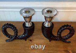 Candle Vintage Pair Holders Antler Pattern Ram Horn Candlesticks Silver Plated