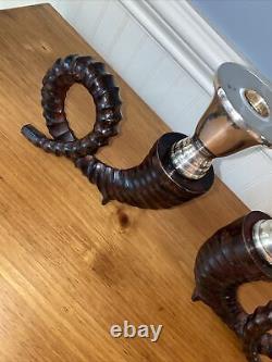 Candle Vintage Pair Holders Antler Pattern Ram Horn Candlesticks Silver Plated