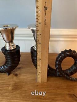 Candle Vintage Pair Holders Antler Pattern Ram Horn Candlesticks Silver Plated