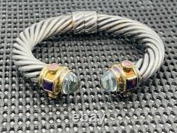 Cellini Vintage Pair Sterling Silver & 18k Gold Amethyst 10mm Cable Bracelets