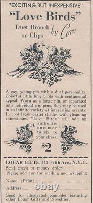 Coro Duette Vintage Pink Love bird on Flower Branch Fur Clip Silver Brooch Pin
