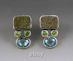 Cute Pair VTG Sterling Silver Blue Topaz Peridot Pyrite Post Back Earrings