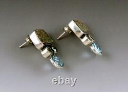 Cute Pair VTG Sterling Silver Blue Topaz Peridot Pyrite Post Back Earrings