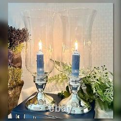 Duchin Sterling Silver Candle Holders Vintage Glass Hurricane Etched Floral 2