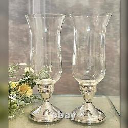 Duchin Sterling Silver Candle Holders Vintage Glass Hurricane Etched Floral 2