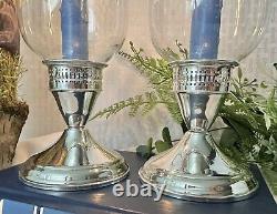 Duchin Sterling Silver Candle Holders Vintage Glass Hurricane Etched Floral 2