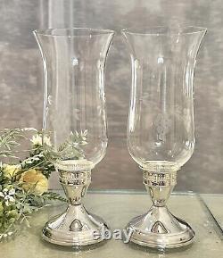 Duchin Sterling Silver Candle Holders Vintage Glass Hurricane Etched Floral 2