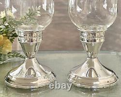 Duchin Sterling Silver Candle Holders Vintage Glass Hurricane Etched Floral 2