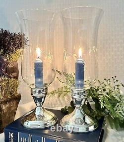 Duchin Sterling Silver Candle Holders Vintage Glass Hurricane Etched Floral 2