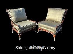 Exceptional Pair Of Vintage Coastal Rattan Lounge Chairs With Scroll Design