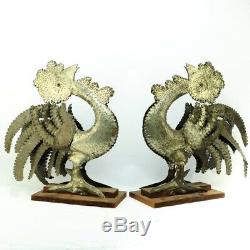 Fabulous Pair of Large Vintage Mexican Tin Hand Tooled Roosters