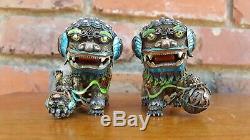 Fine Antique Chinese Silver & Enamel Fu Dog Statues Rare Old Vtg Foo Lion Pair