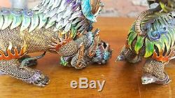 Fine Antique Chinese Silver & Enamel Fu Dog Statues Rare Old Vtg Foo Lion Pair
