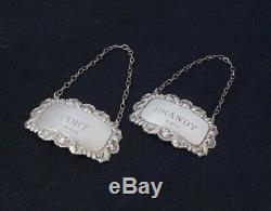 Fine Pair Vintage English Sterling Silver Liquor Decanter Tags for Brandy & Port