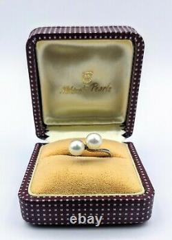 Fine Vintage Mikimoto 7mm Akoya Pearl Pair Sterling Silver Ring Size 6