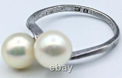 Fine Vintage Mikimoto 7mm Akoya Pearl Pair Sterling Silver Ring Size 6