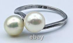 Fine Vintage Mikimoto 7mm Akoya Pearl Pair Sterling Silver Ring Size 6
