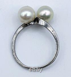 Fine Vintage Mikimoto 7mm Akoya Pearl Pair Sterling Silver Ring Size 6