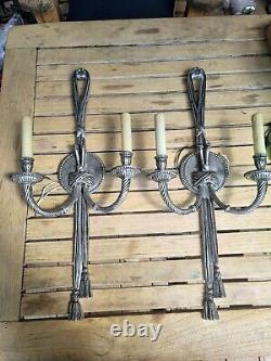 French Louis XVI Style Solid Brass Wall Sconces Ribbon Knot Tassel Vintage Spain
