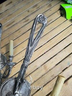 French Louis XVI Style Solid Brass Wall Sconces Ribbon Knot Tassel Vintage Spain