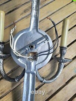 French Louis XVI Style Solid Brass Wall Sconces Ribbon Knot Tassel Vintage Spain