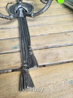 French Louis XVI Style Solid Brass Wall Sconces Ribbon Knot Tassel Vintage Spain