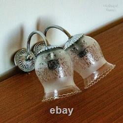 French Vintage 1950s Pair of Wall Sconce Lights Chrome with Etched Glass Shades