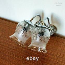 French Vintage 1950s Pair of Wall Sconce Lights Chrome with Etched Glass Shades