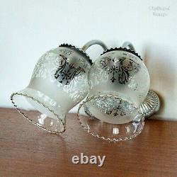 French Vintage 1950s Pair of Wall Sconce Lights Chrome with Etched Glass Shades