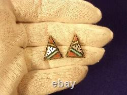 Gorgeous Old Vtg Antique Pair Of Sterling Silver Zuni Stone Triangle Earrings