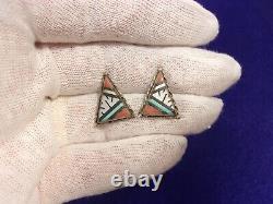 Gorgeous Old Vtg Antique Pair Of Sterling Silver Zuni Stone Triangle Earrings