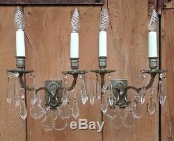 Gorgeous Pair Vintage French Silver Chrome Art Deco Wall Lights with Crystals