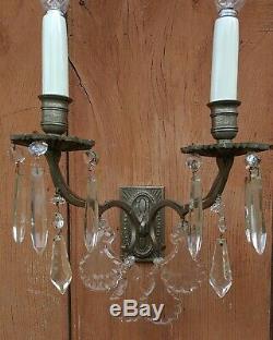 Gorgeous Pair Vintage French Silver Chrome Art Deco Wall Lights with Crystals