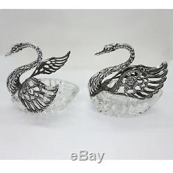Gorgeous Pair of Vintage 835 Silver Crystal Swan Salt Cellars Signed ALBO