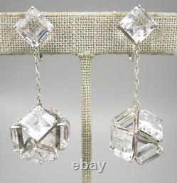 Gorgeous Vintage Art Deco Sterling Silver Rock Crystal Dangling Earrings Japan