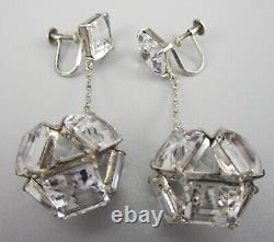 Gorgeous Vintage Art Deco Sterling Silver Rock Crystal Dangling Earrings Japan