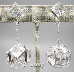 Gorgeous Vintage Art Deco Sterling Silver Rock Crystal Dangling Earrings Japan
