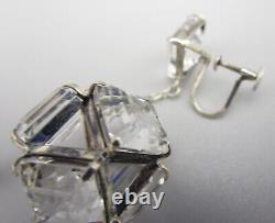 Gorgeous Vintage Art Deco Sterling Silver Rock Crystal Dangling Earrings Japan