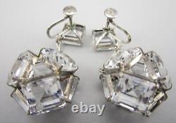 Gorgeous Vintage Art Deco Sterling Silver Rock Crystal Dangling Earrings Japan