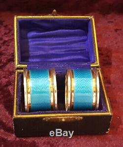 Hallmarked silver & blue enamel vintage Art Deco antique pair napkin rings