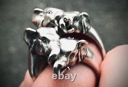 Heavy Solid Silver Elephants in Love Soulmates Ring Set Vintage Handmade Pair
