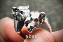 Heavy Solid Silver Elephants in Love Soulmates Ring Set Vintage Handmade Pair