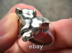 Heavy Solid Silver Elephants in Love Soulmates Ring Set Vintage Handmade Pair