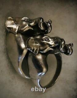 Heavy Solid Silver Elephants in Love Soulmates Ring Set Vintage Handmade Pair