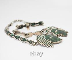 Heavy vintage inlaid sterling silver tribal Aztec couple faces necklace Mexico
