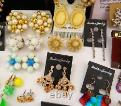 Huge Lot of Vintage To Now Earrings Pierced Clip-On Rhinestone Some Signed Monet