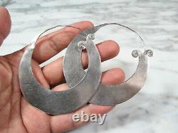 Huge Vintage Pair Chinese Minority Hmong Miao Silver Tribal Hoop Drop Earrings