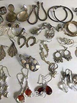 Huge Vtg Lot 34 Pair 925 Sterling Silver Earrings All Wear No Scrap Nice