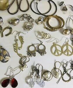 Huge Vtg Lot 34 Pair 925 Sterling Silver Earrings All Wear No Scrap Nice