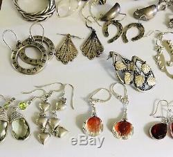 Huge Vtg Lot 34 Pair 925 Sterling Silver Earrings All Wear No Scrap Nice